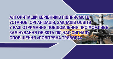 Алгоритм дій керівників підприємств, установ, організацій, закладів освіти у разі отримання повідомлення про можливе замінування об’єкта під час сигналу оповіщення “Повітряна тривога”